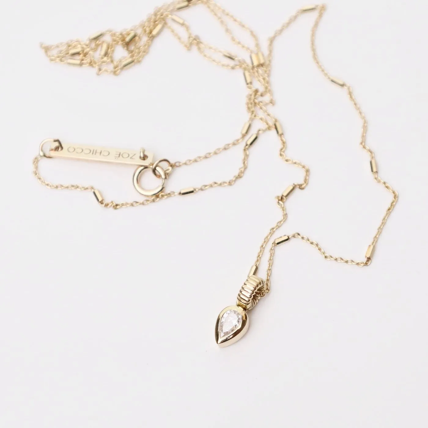 14k Bezel Set Pear Diamond Necklace with Corrugated Bead Bail