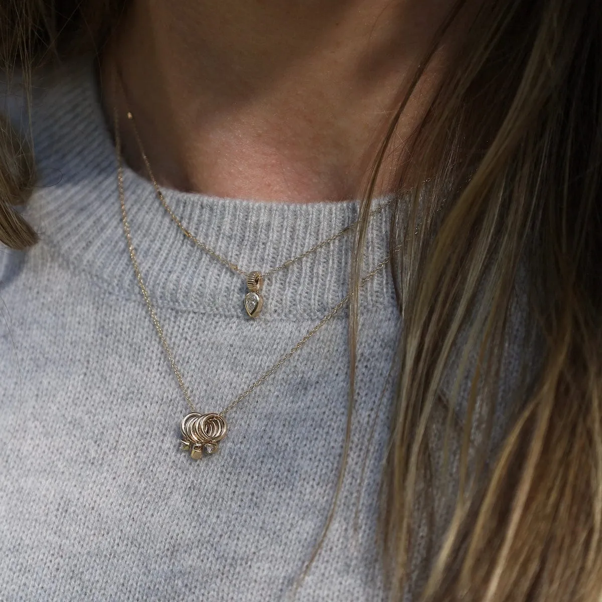 14k Bezel Set Pear Diamond Necklace with Corrugated Bead Bail