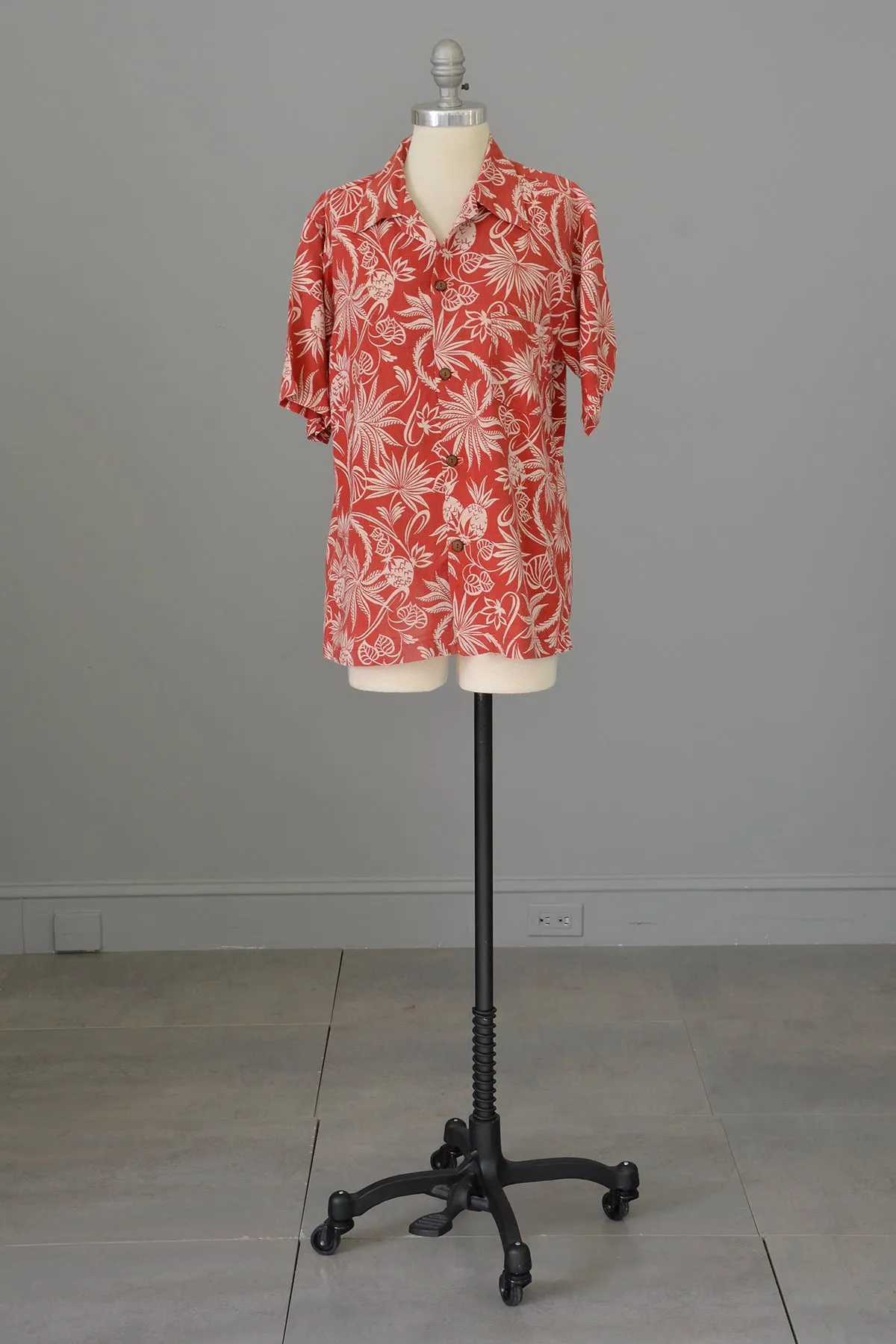 1940s 50s Red White Atomic Floral and Pineapple Print Unisex Hawaiian Shirt