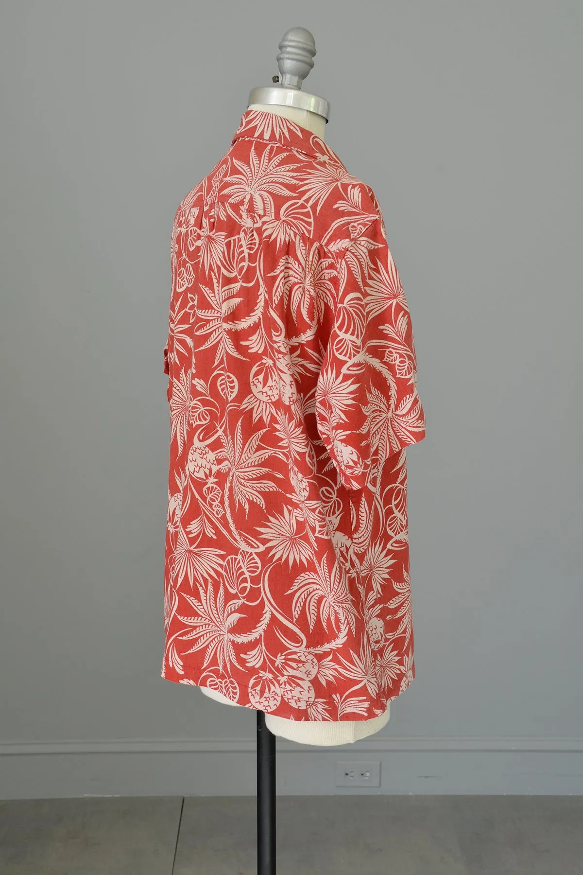 1940s 50s Red White Atomic Floral and Pineapple Print Unisex Hawaiian Shirt