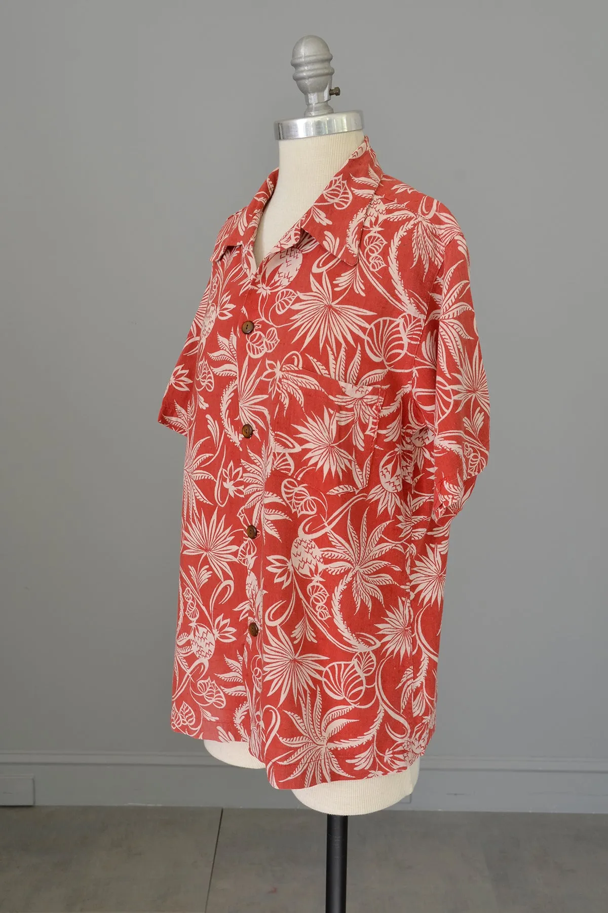 1940s 50s Red White Atomic Floral and Pineapple Print Unisex Hawaiian Shirt