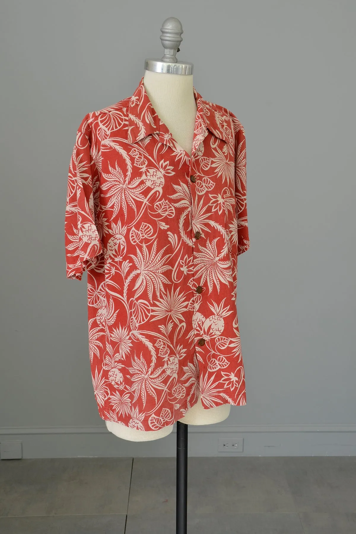 1940s 50s Red White Atomic Floral and Pineapple Print Unisex Hawaiian Shirt