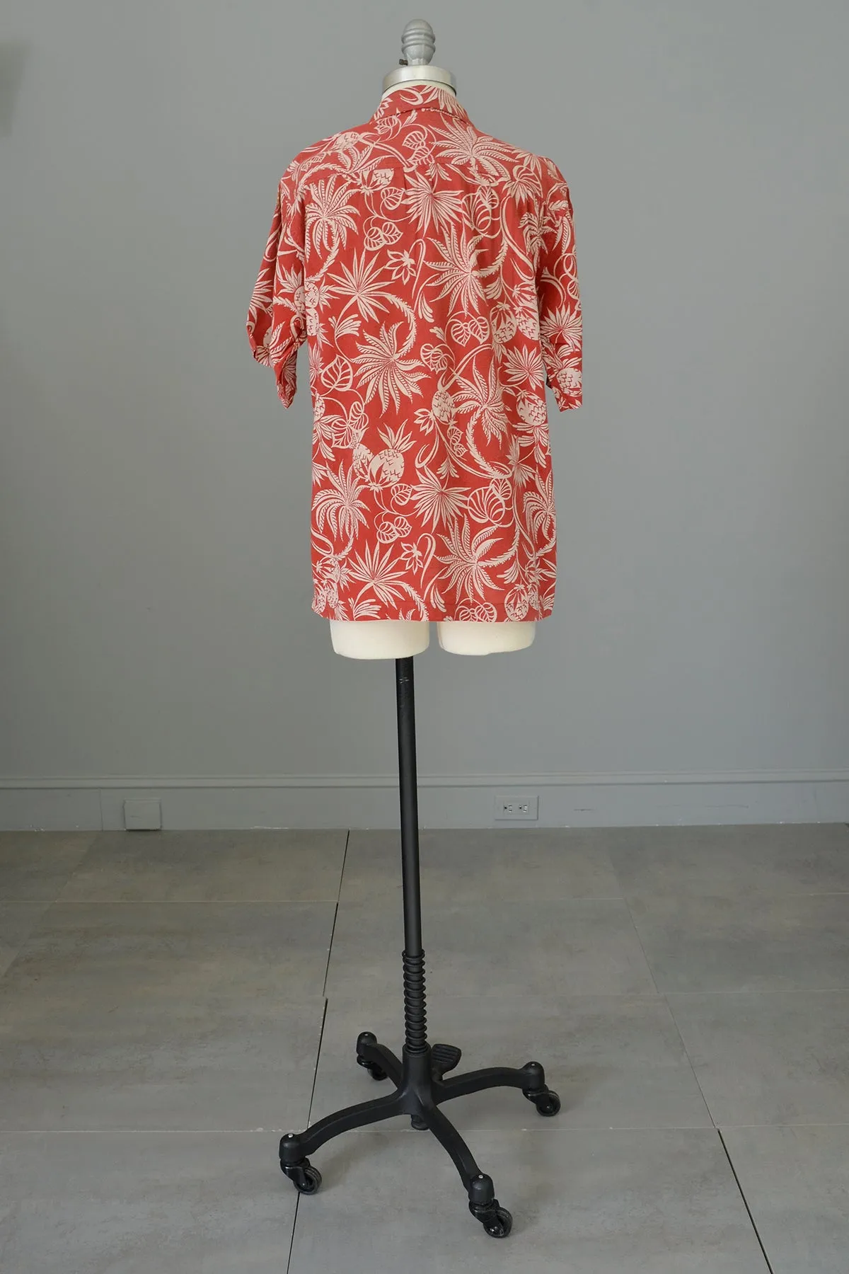 1940s 50s Red White Atomic Floral and Pineapple Print Unisex Hawaiian Shirt