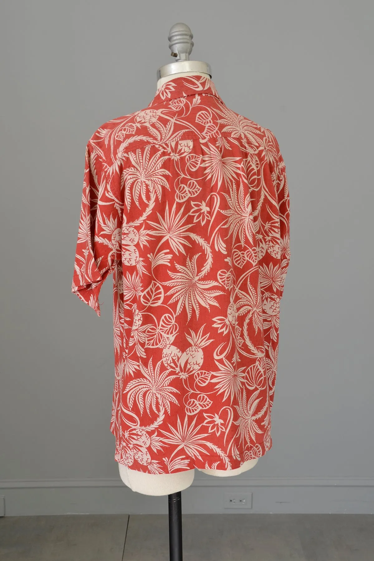 1940s 50s Red White Atomic Floral and Pineapple Print Unisex Hawaiian Shirt