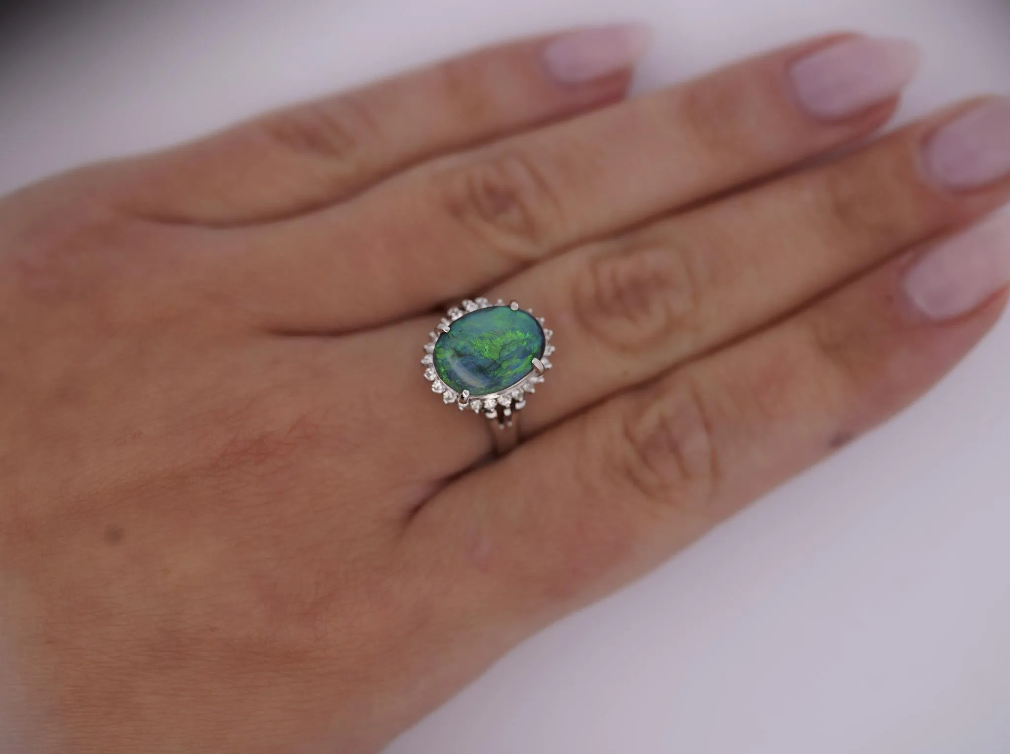 2.78 Carat Black Opal and Diamond Halo Platinum Filigree Ring