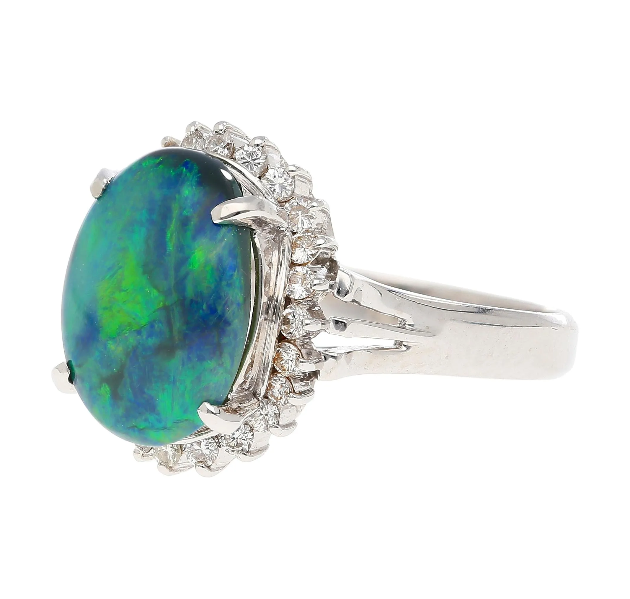 2.78 Carat Black Opal and Diamond Halo Platinum Filigree Ring