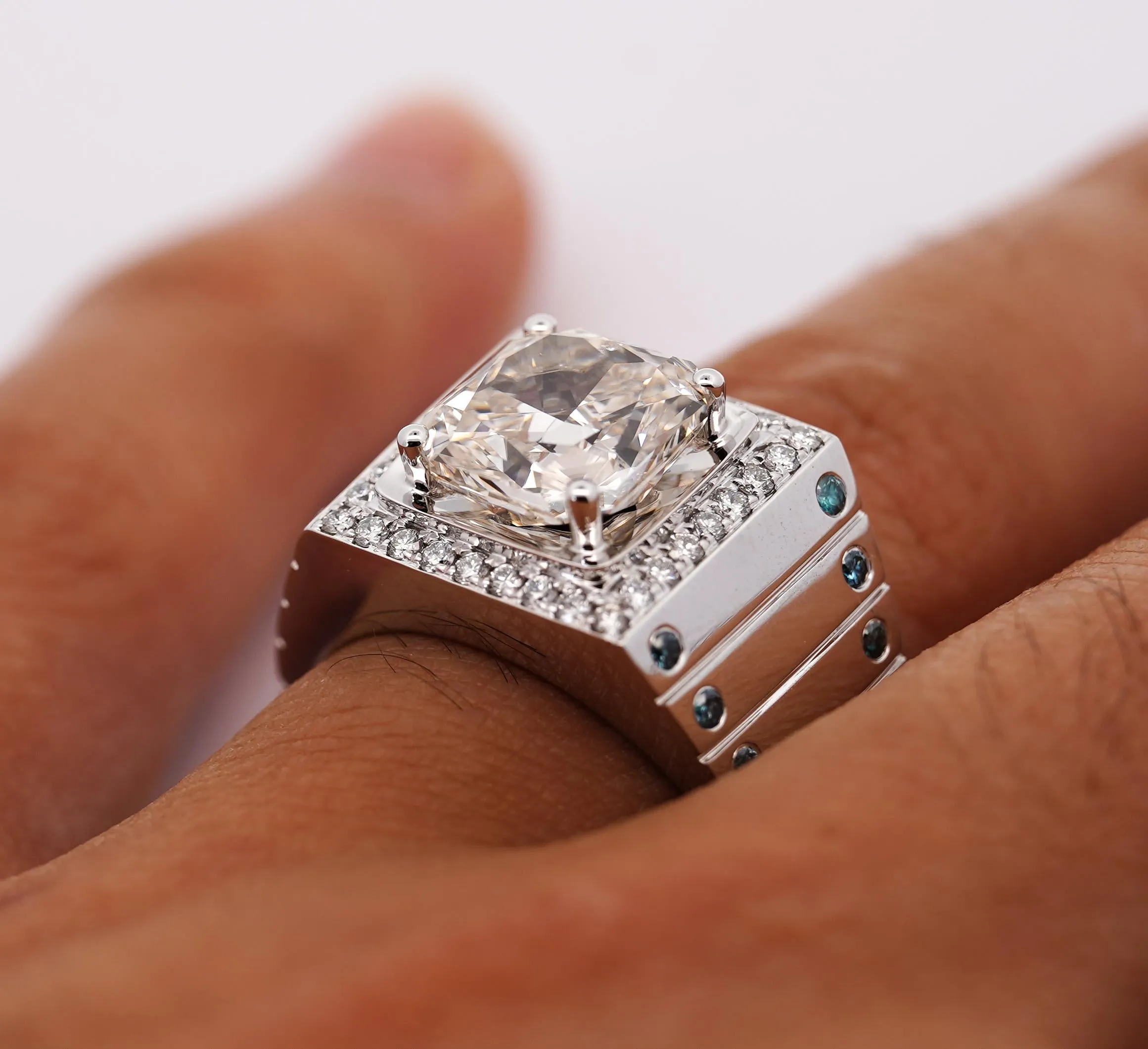 5 Carat Radiant Cut White and Blue Lab Grown Diamond Mens Ring