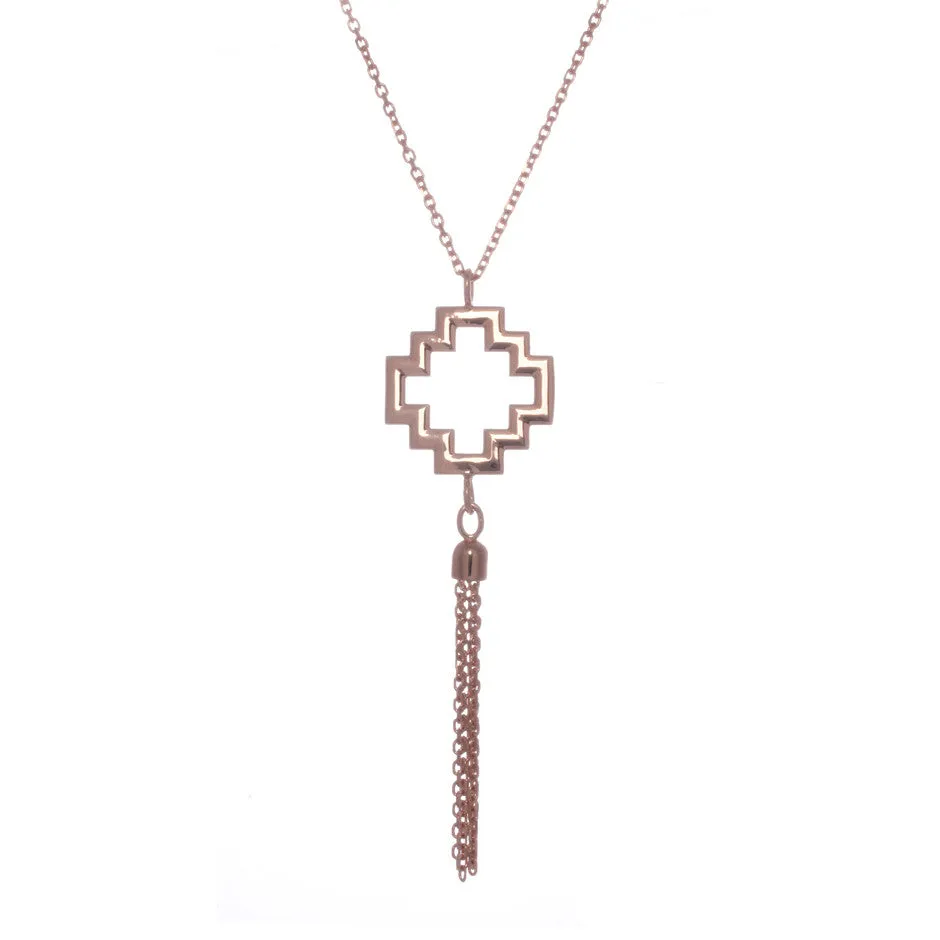 70%  DISCOUNT   Exotic 18ct Rose Gold Vermeil  Large Peruvian Chakana  Cross Charm Tassel Necklace
