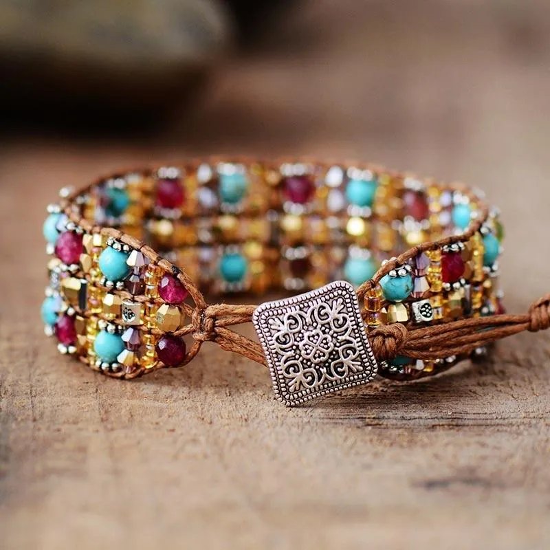 Agate Jasper & Tibetan Beads Cuff Bracelet