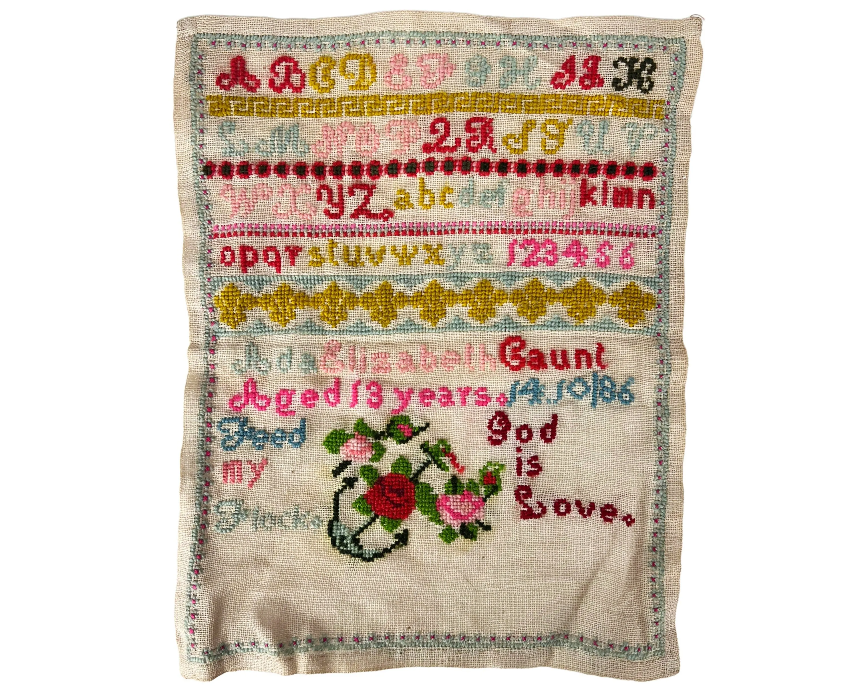 Antique 19th c Samplers by Ada Elizabeth Gaunt Needlework Embroidery 1886 - 1887