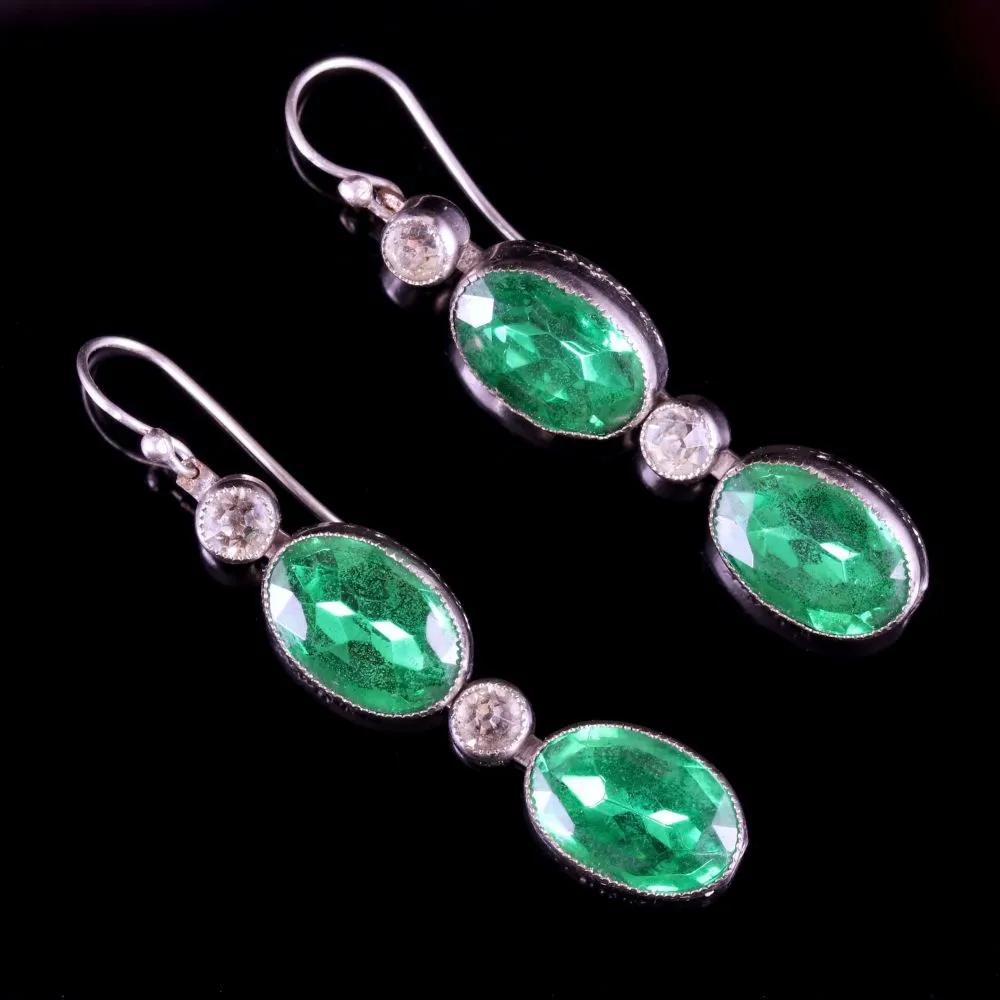 Antique Art Deco Paste Stone Drop Silver Earrings Circa 1930