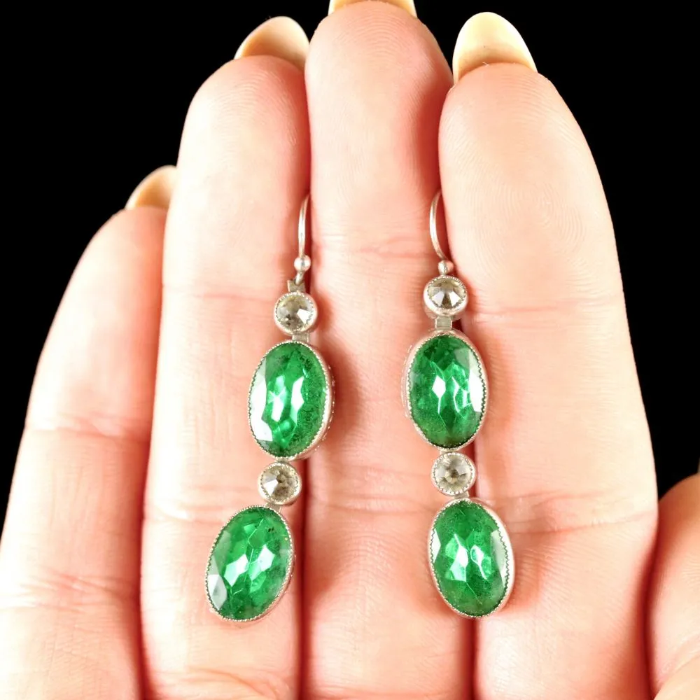 Antique Art Deco Paste Stone Drop Silver Earrings Circa 1930