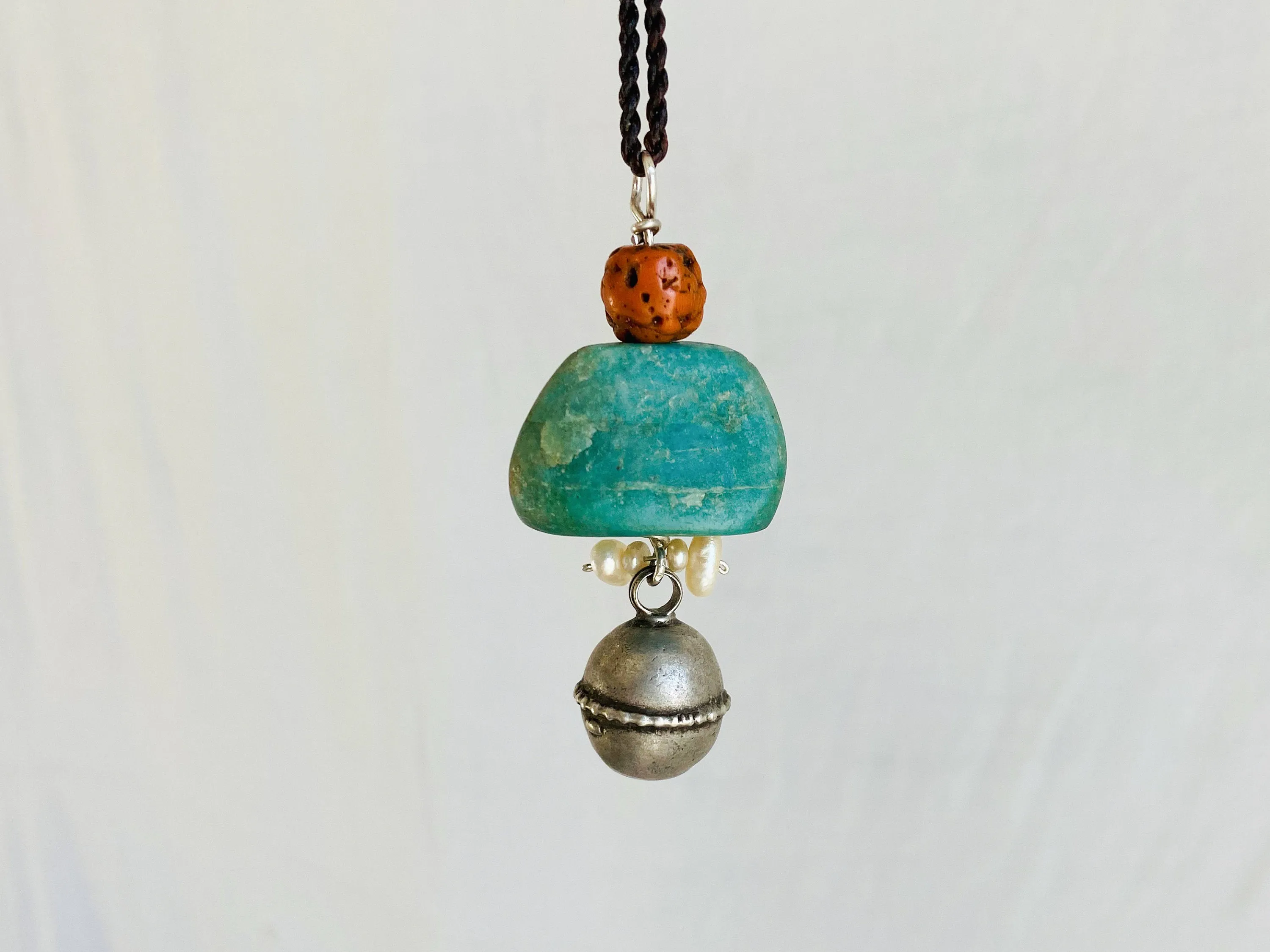 Antique Berber Silver Talisman, Amazonite, Coral and Shell Necklace. Morocco