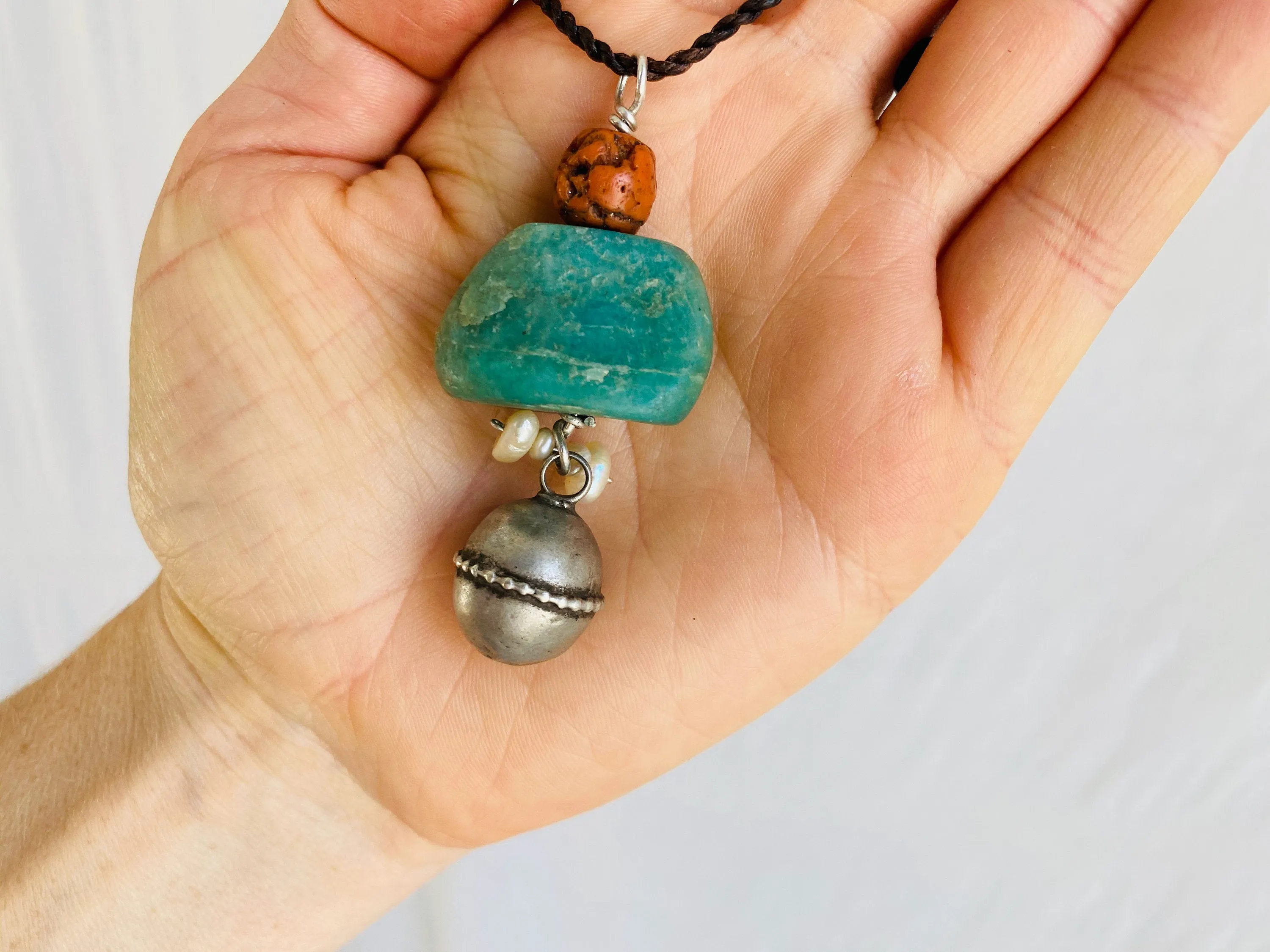 Antique Berber Silver Talisman, Amazonite, Coral and Shell Necklace. Morocco