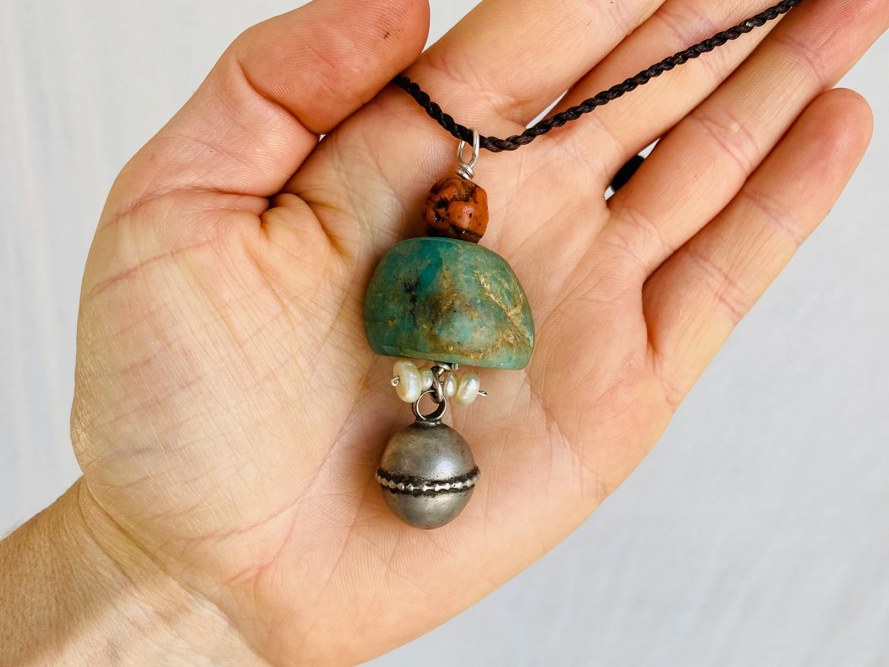 Antique Berber Silver Talisman, Amazonite, Coral and Shell Necklace. Morocco