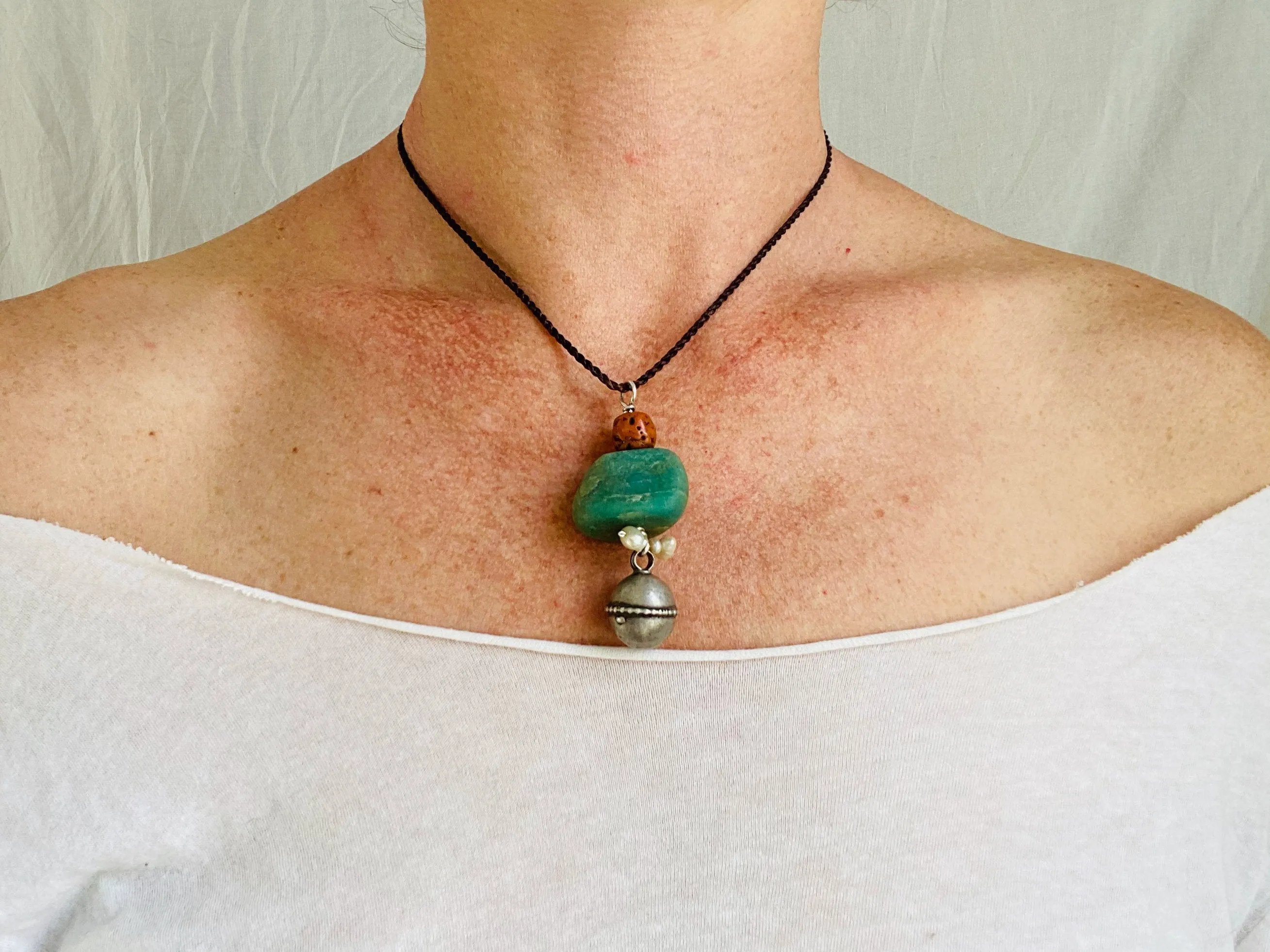 Antique Berber Silver Talisman, Amazonite, Coral and Shell Necklace. Morocco