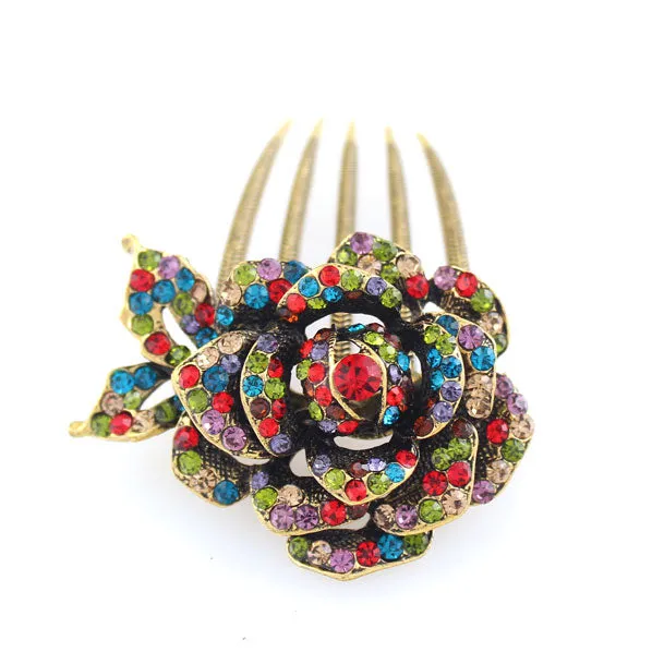Antique Brass Rhinestone 3D Rose French Twist Comb