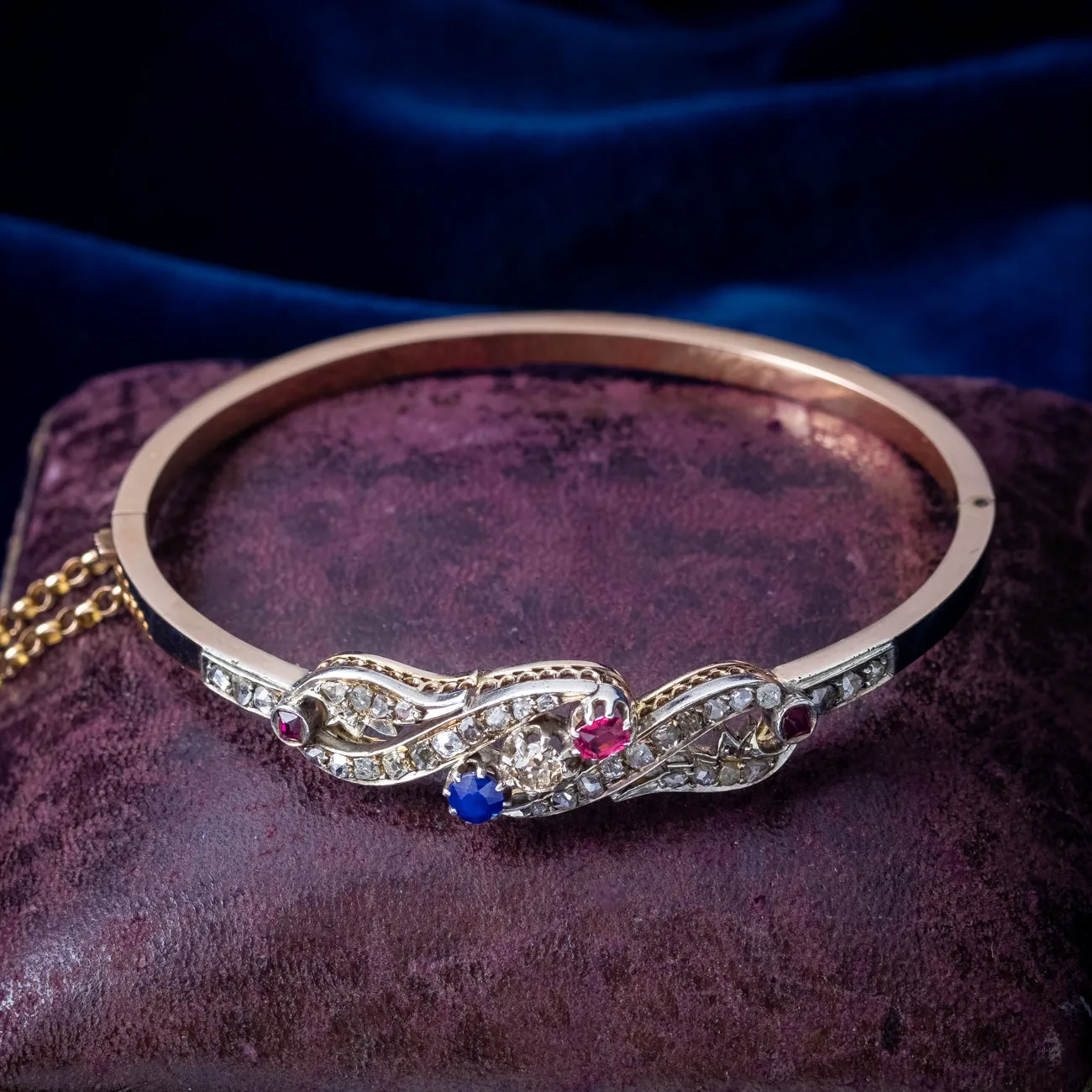 Antique Edwardian French Diamond Sapphire Ruby Bangle Platinum 18ct Gold