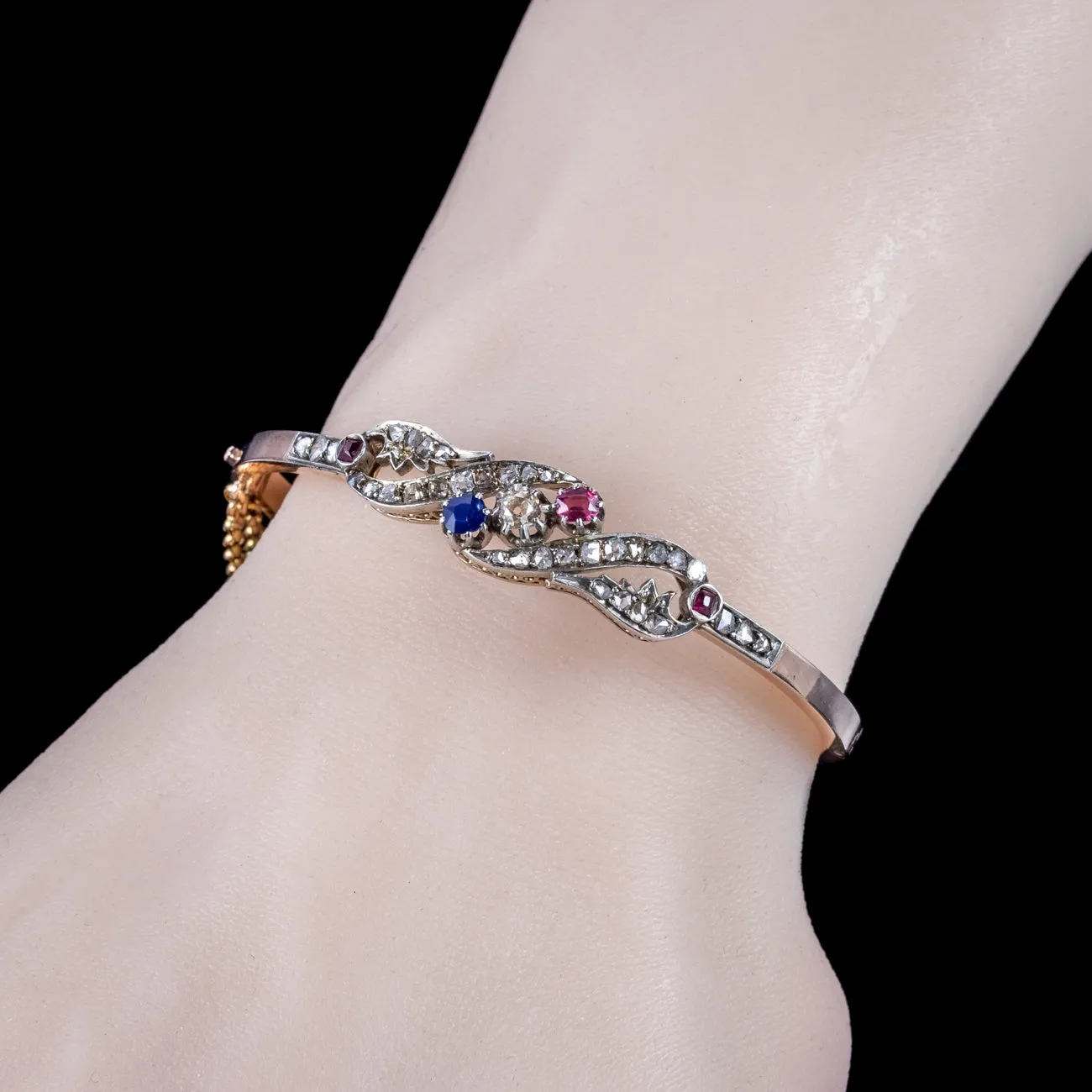 Antique Edwardian French Diamond Sapphire Ruby Bangle Platinum 18ct Gold