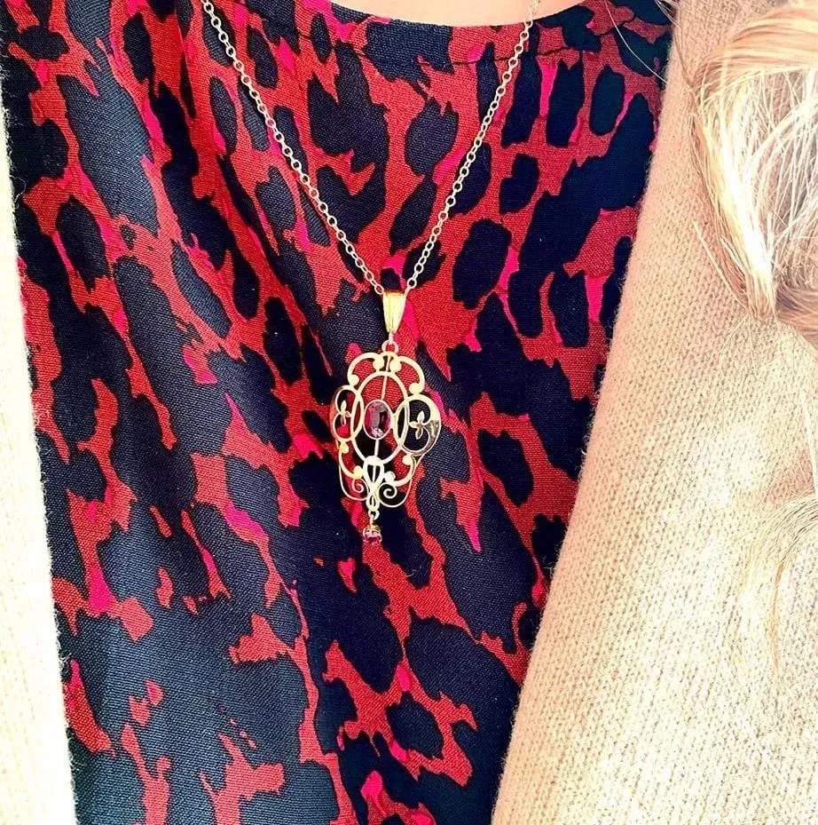 Antique Edwardian Garnet & Pearl 9ct Gold Pendant Necklace