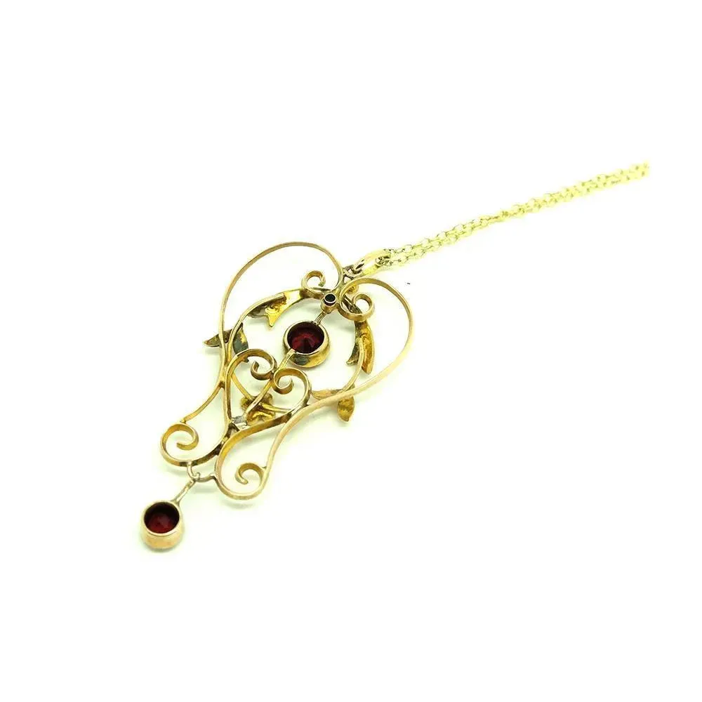 Antique Edwardian Garnet & Pearl 9ct Gold Pendant Necklace