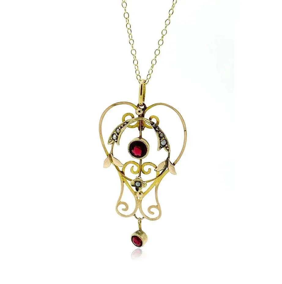 Antique Edwardian Garnet & Pearl 9ct Gold Pendant Necklace