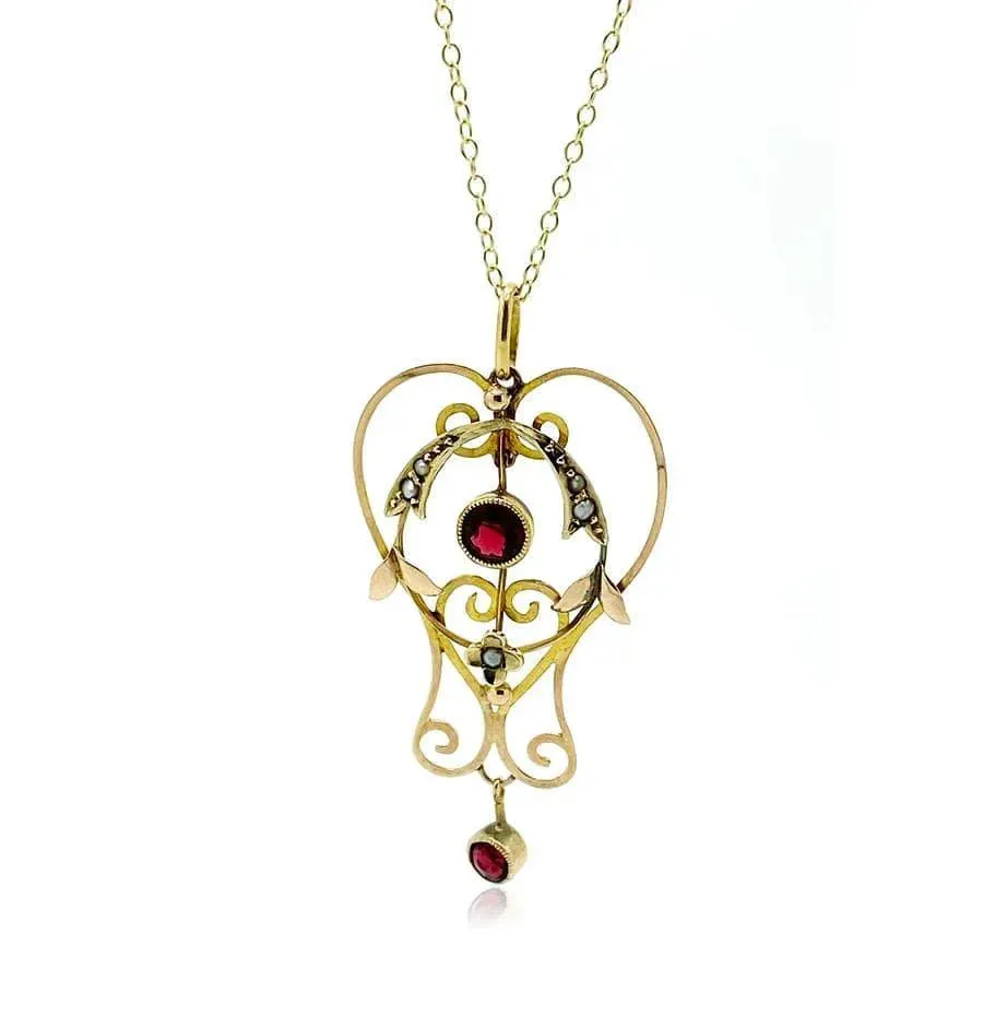 Antique Edwardian Garnet & Pearl 9ct Gold Pendant Necklace