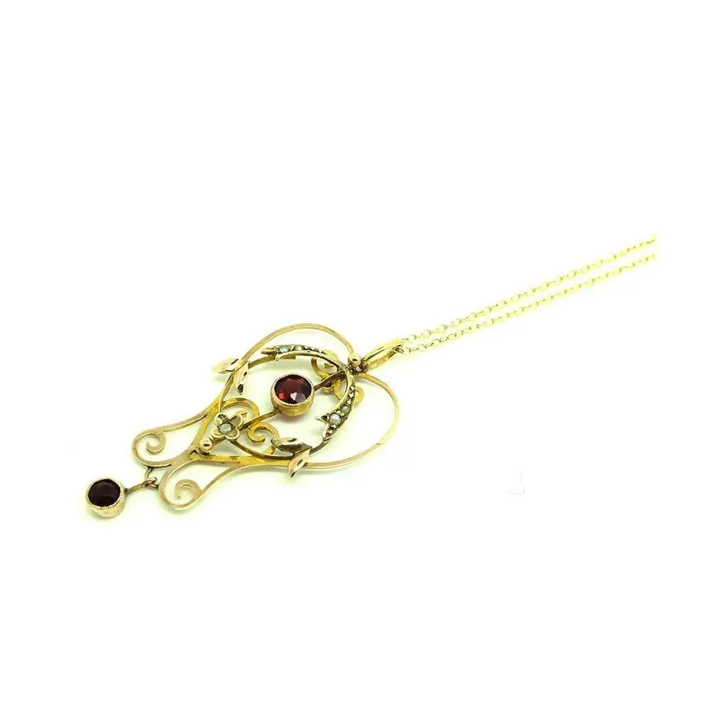 Antique Edwardian Garnet & Pearl 9ct Gold Pendant Necklace