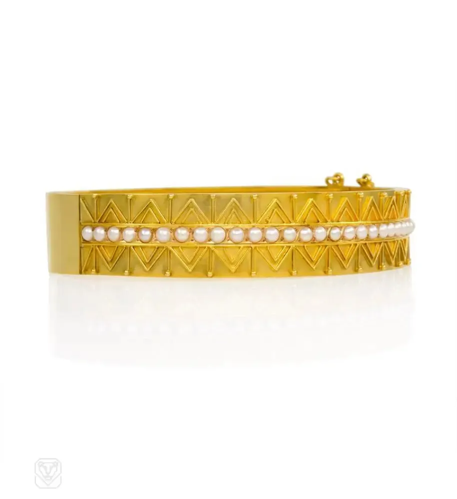 Antique gold and pearl etruscan bangle