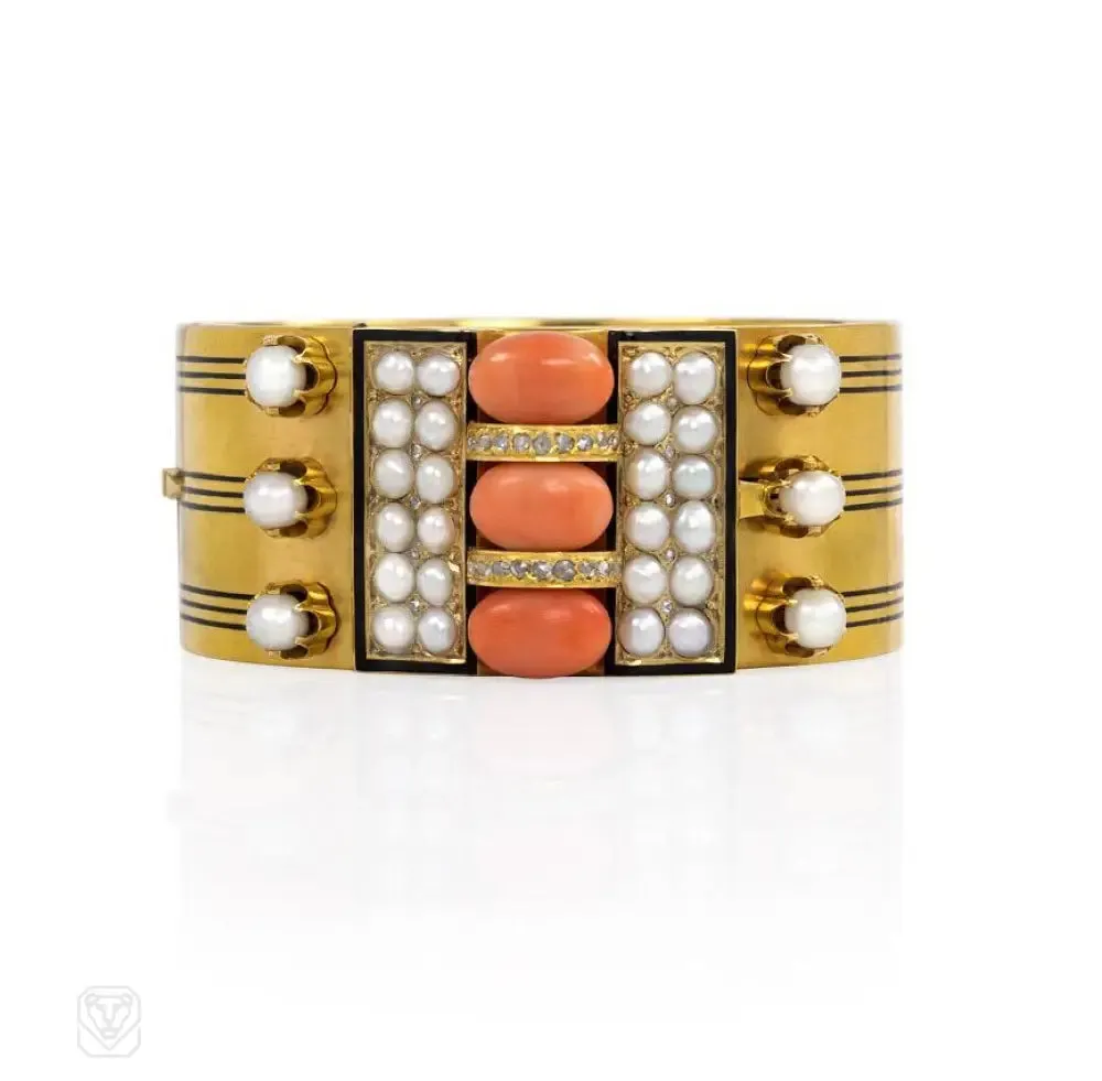 Antique gold, coral, and enamel plaque bracelet