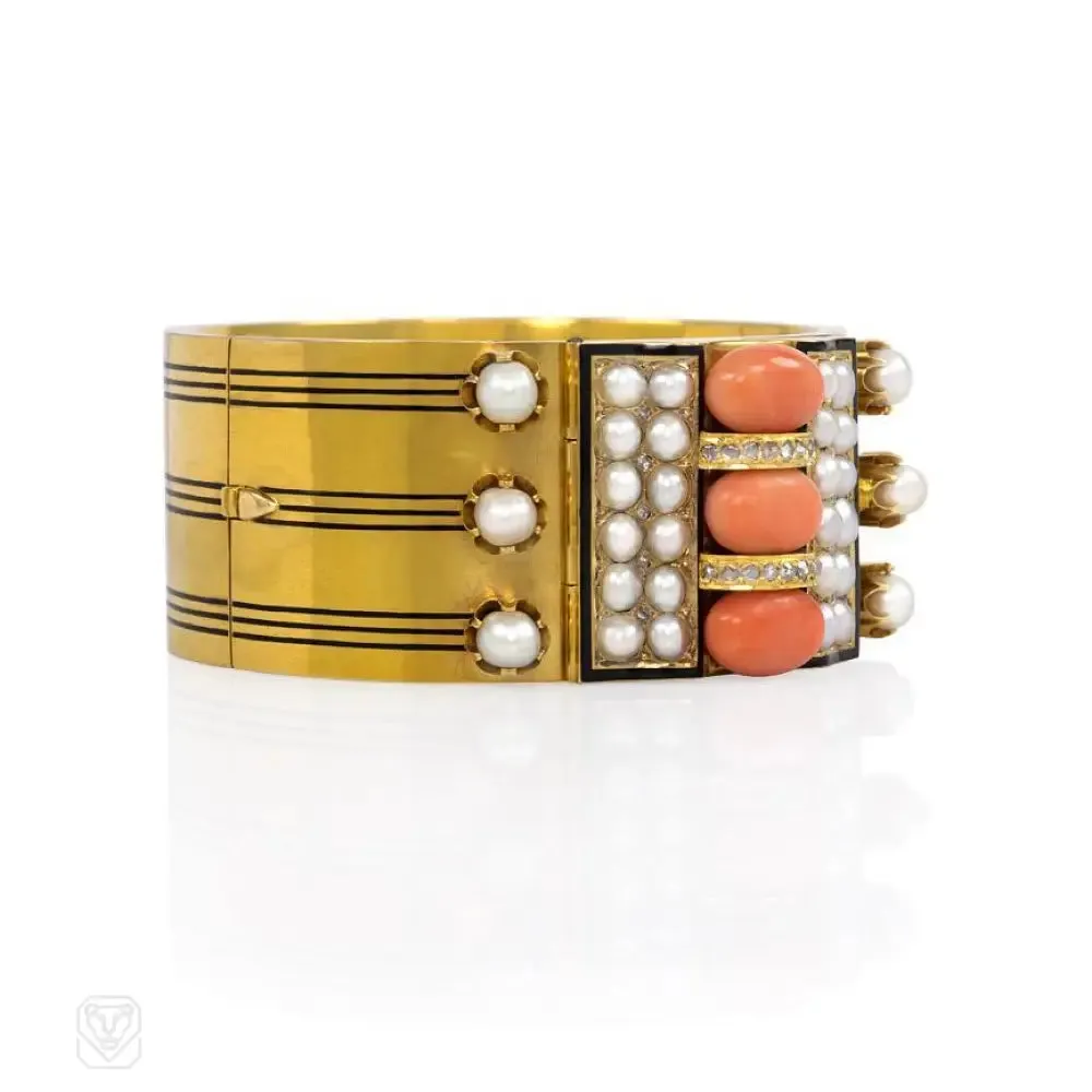 Antique gold, coral, and enamel plaque bracelet