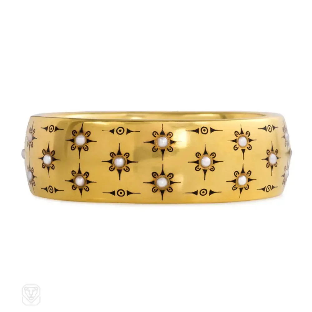 Antique gold, half-pearl, and black enamel bracelet