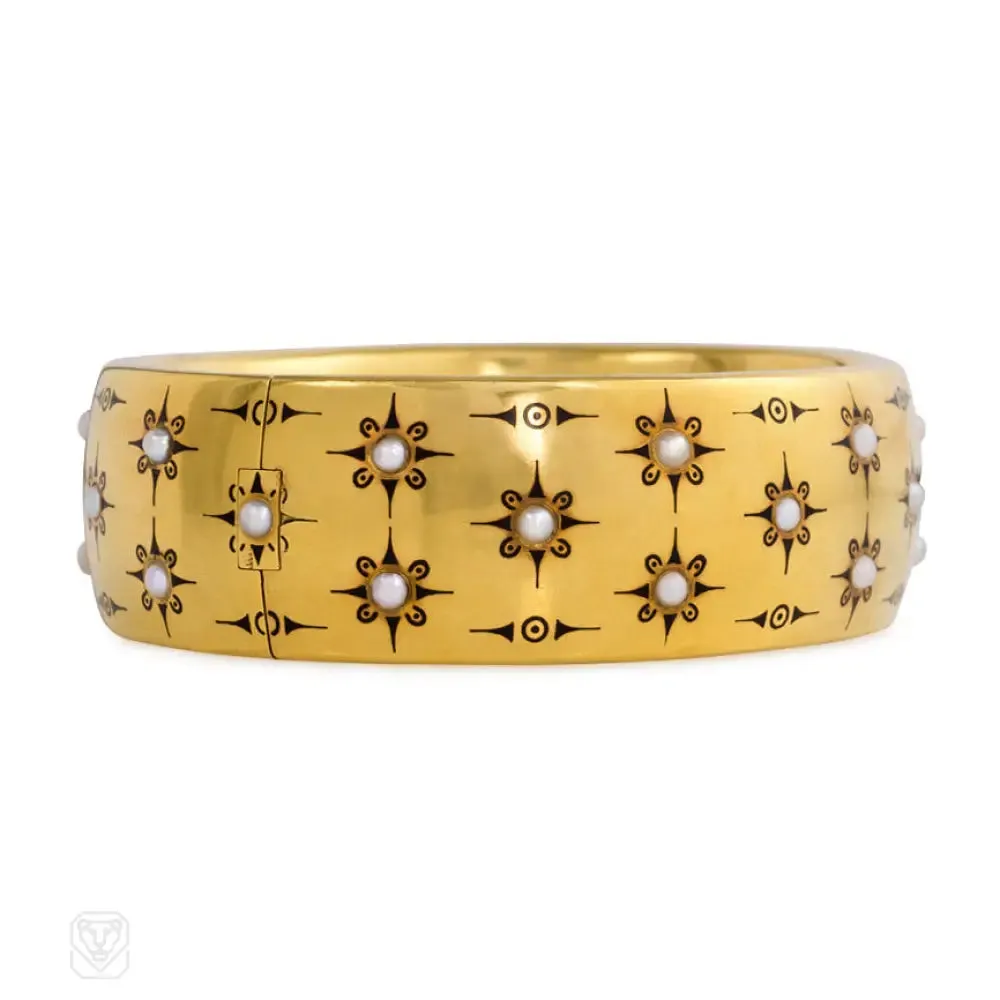 Antique gold, half-pearl, and black enamel bracelet