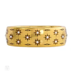 Antique gold, half-pearl, and black enamel bracelet