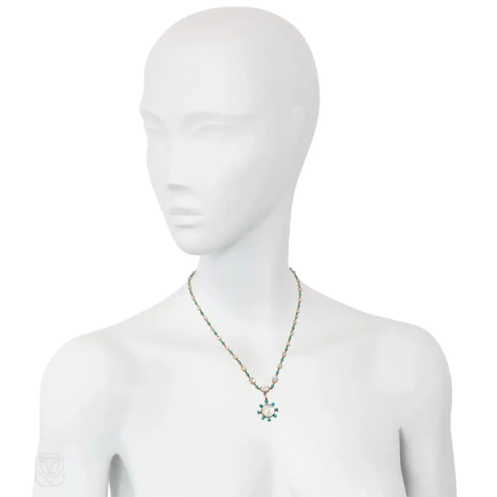 Antique turquoise and moonstone necklace