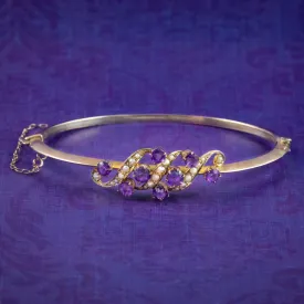 Antique Victorian Amethyst Pearl Bangle 9ct Gold