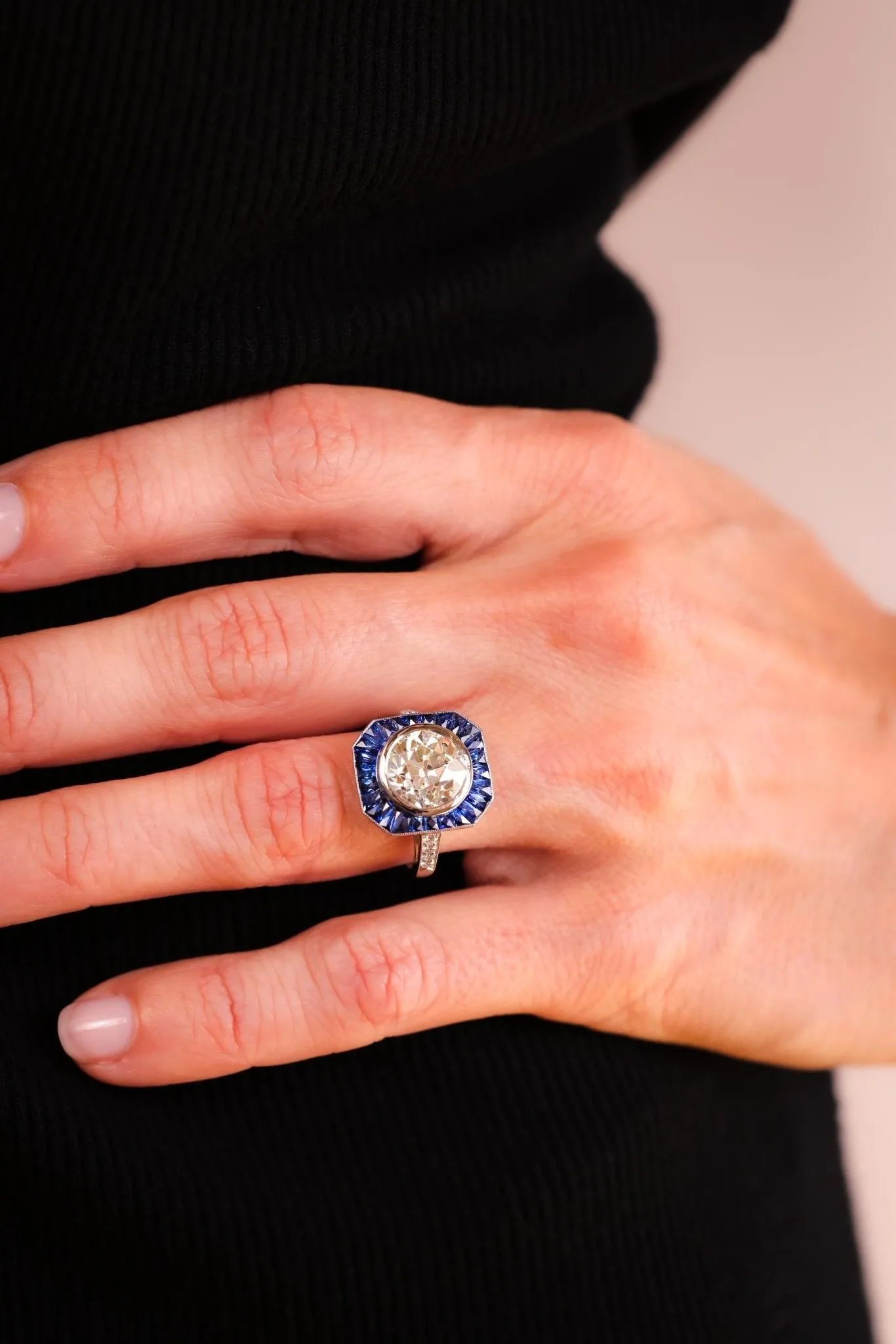 Art Deco GIA 3.68 Carat Old European Diamond Sapphire Platinum Cluster Ring