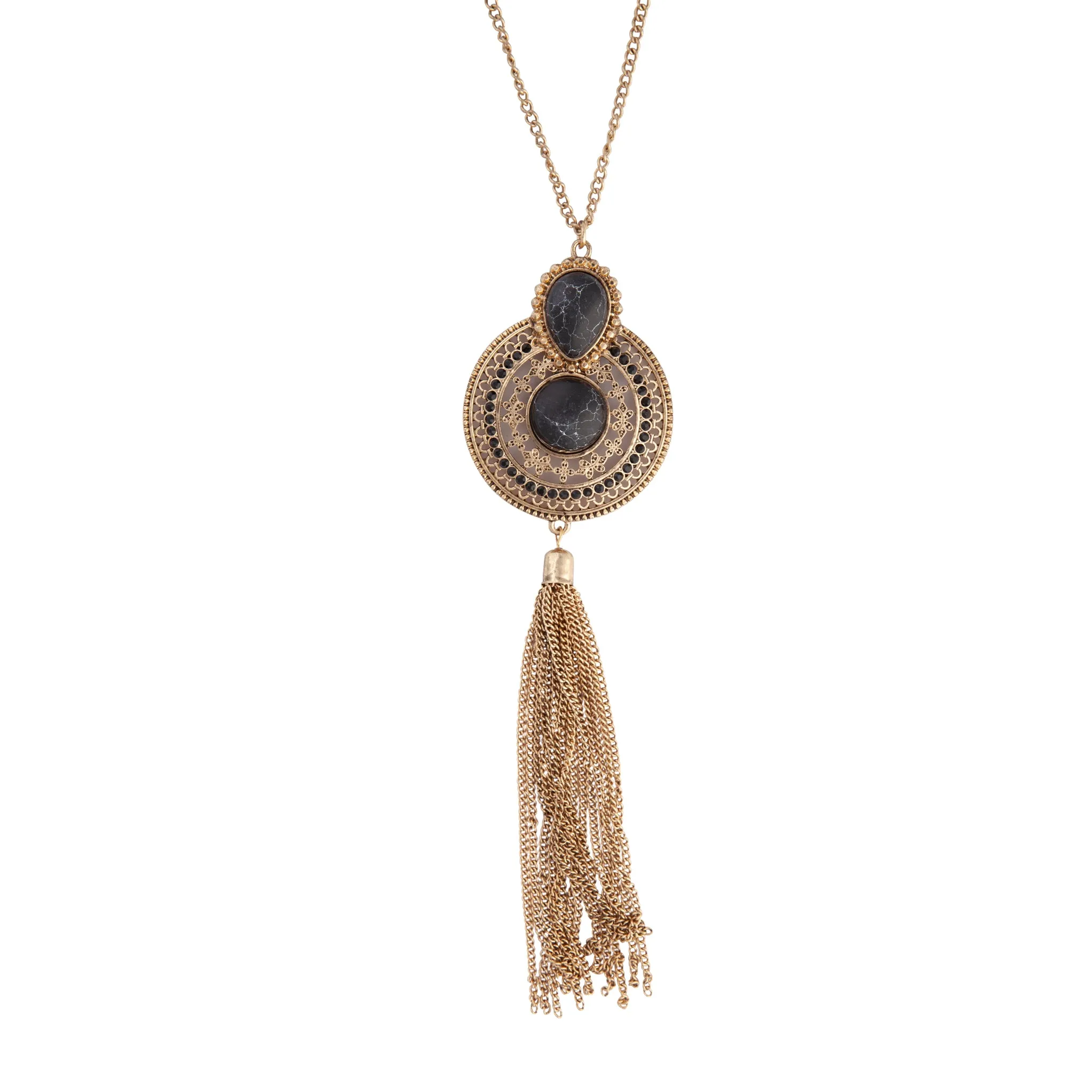 Black and Gold Boho Tassel Necklace