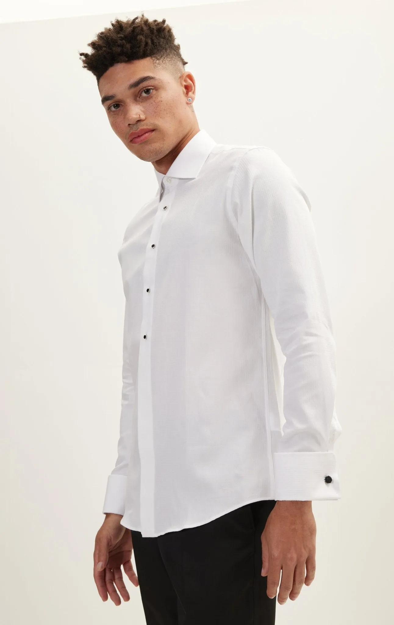 Classical Top  Front Stud Tuxedo Shirt - Houndstooth