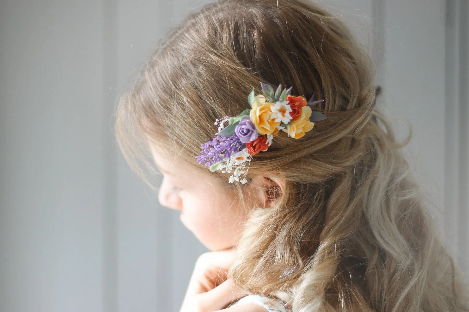 Colourful "Primavera" Mulberry Paper Rose Wedding Comb with artificial lavender and ruscus