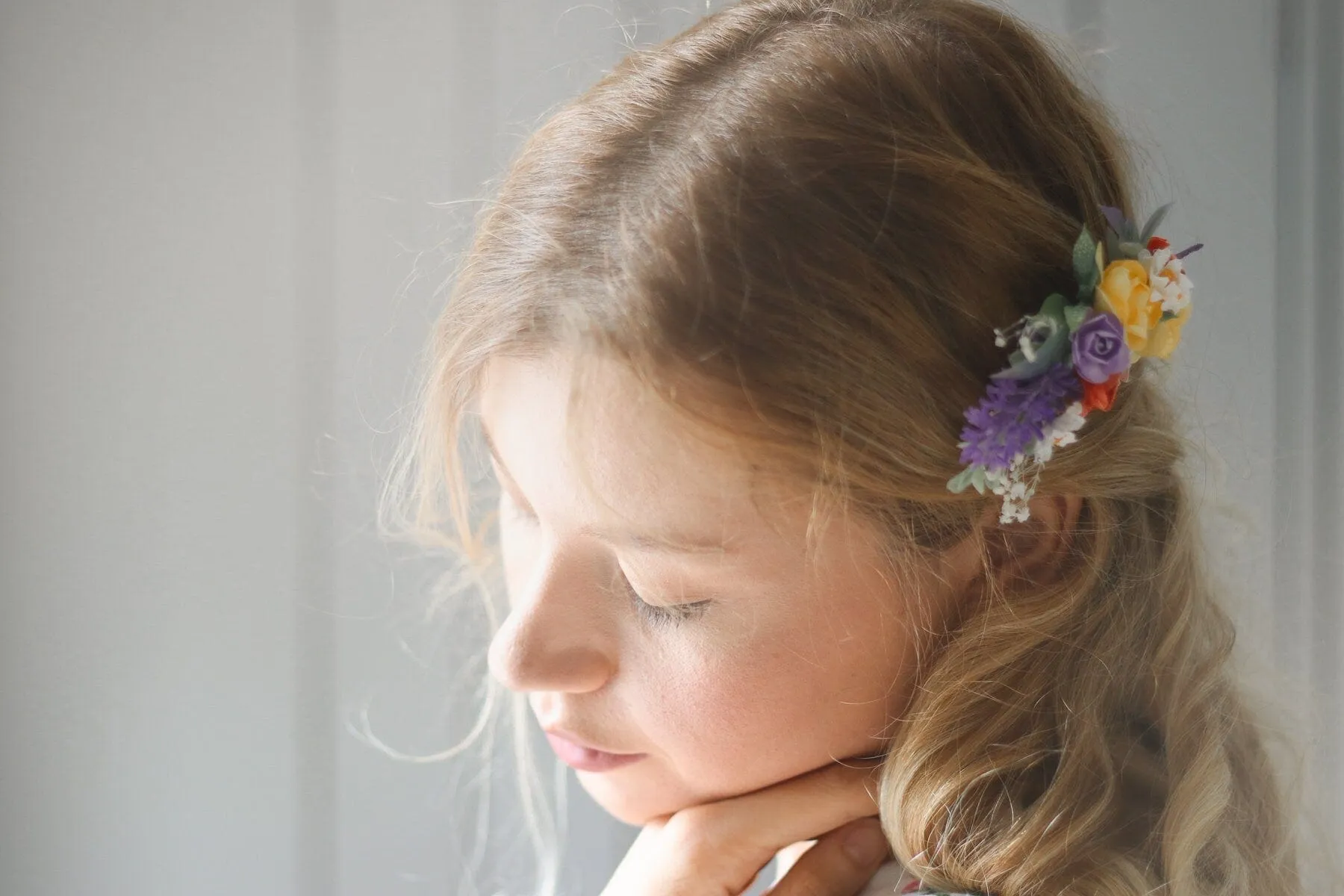 Colourful "Primavera" Mulberry Paper Rose Wedding Comb with artificial lavender and ruscus