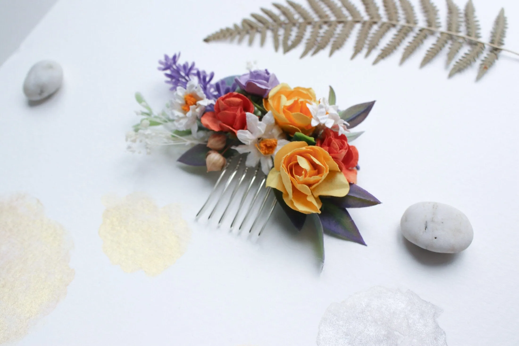 Colourful "Primavera" Mulberry Paper Rose Wedding Comb with artificial lavender and ruscus