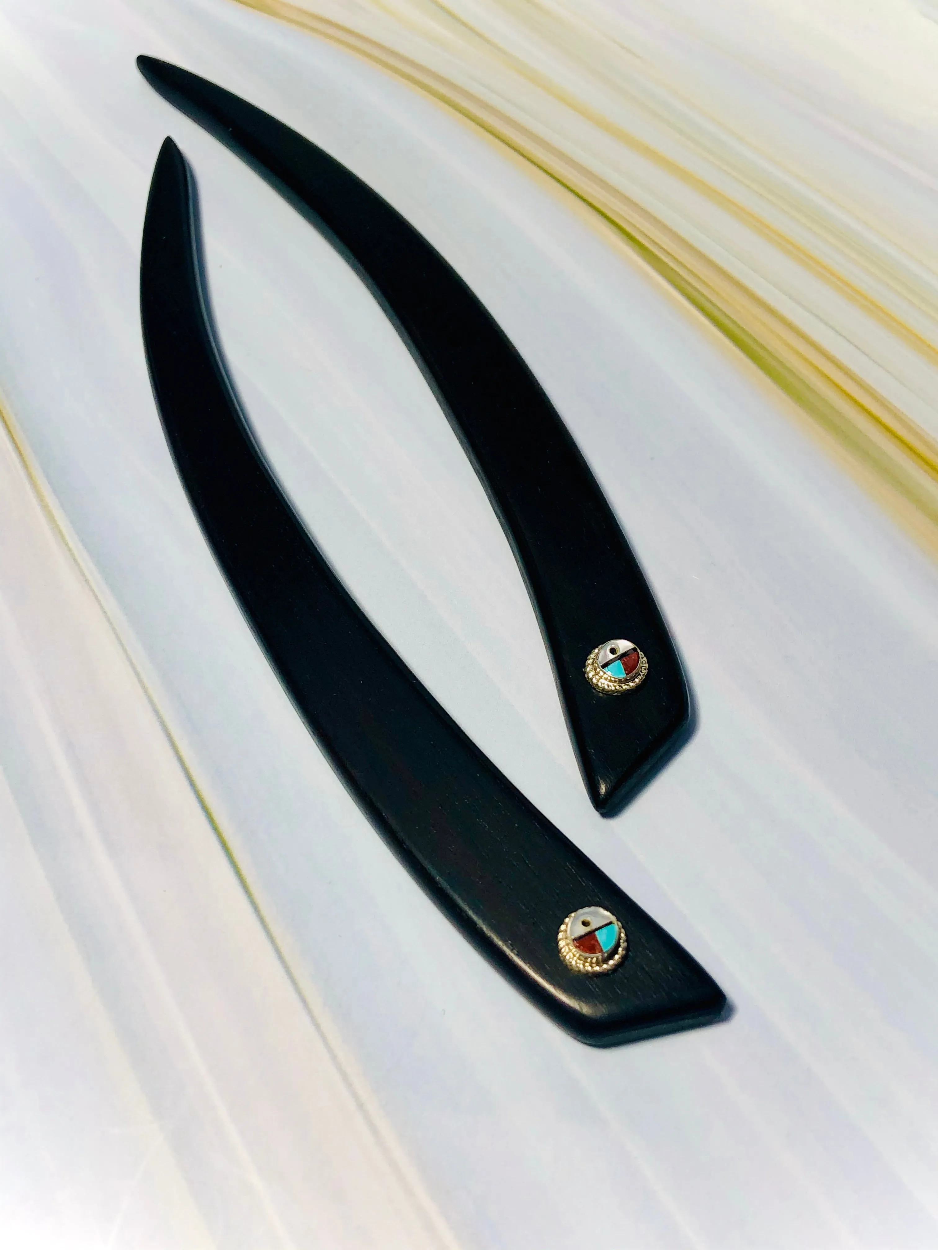 Ebony and Sunface Southwestern hair sticks, silver Sunface Turquoise luxury hair stick