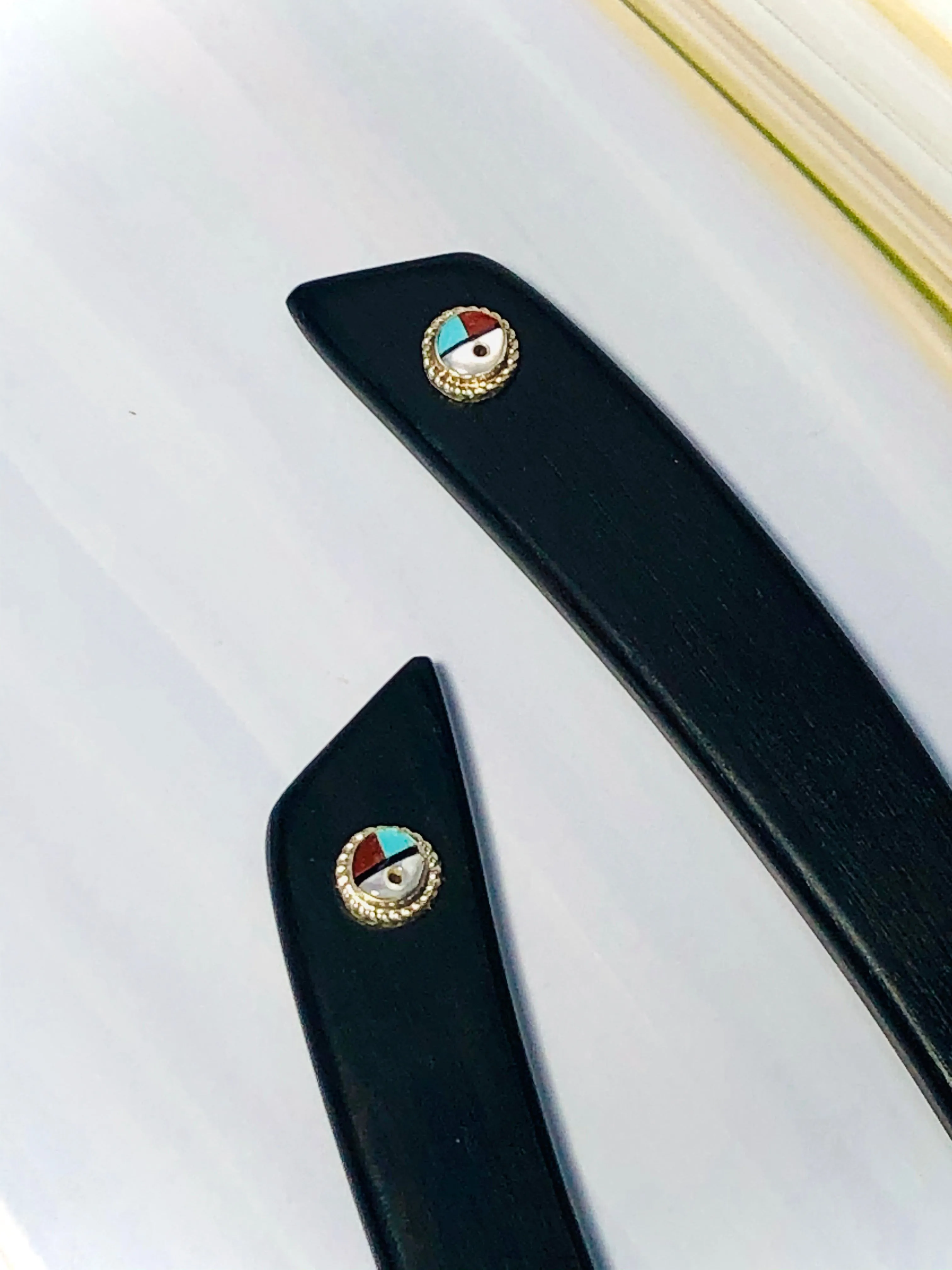 Ebony and Sunface Southwestern hair sticks, silver Sunface Turquoise luxury hair stick