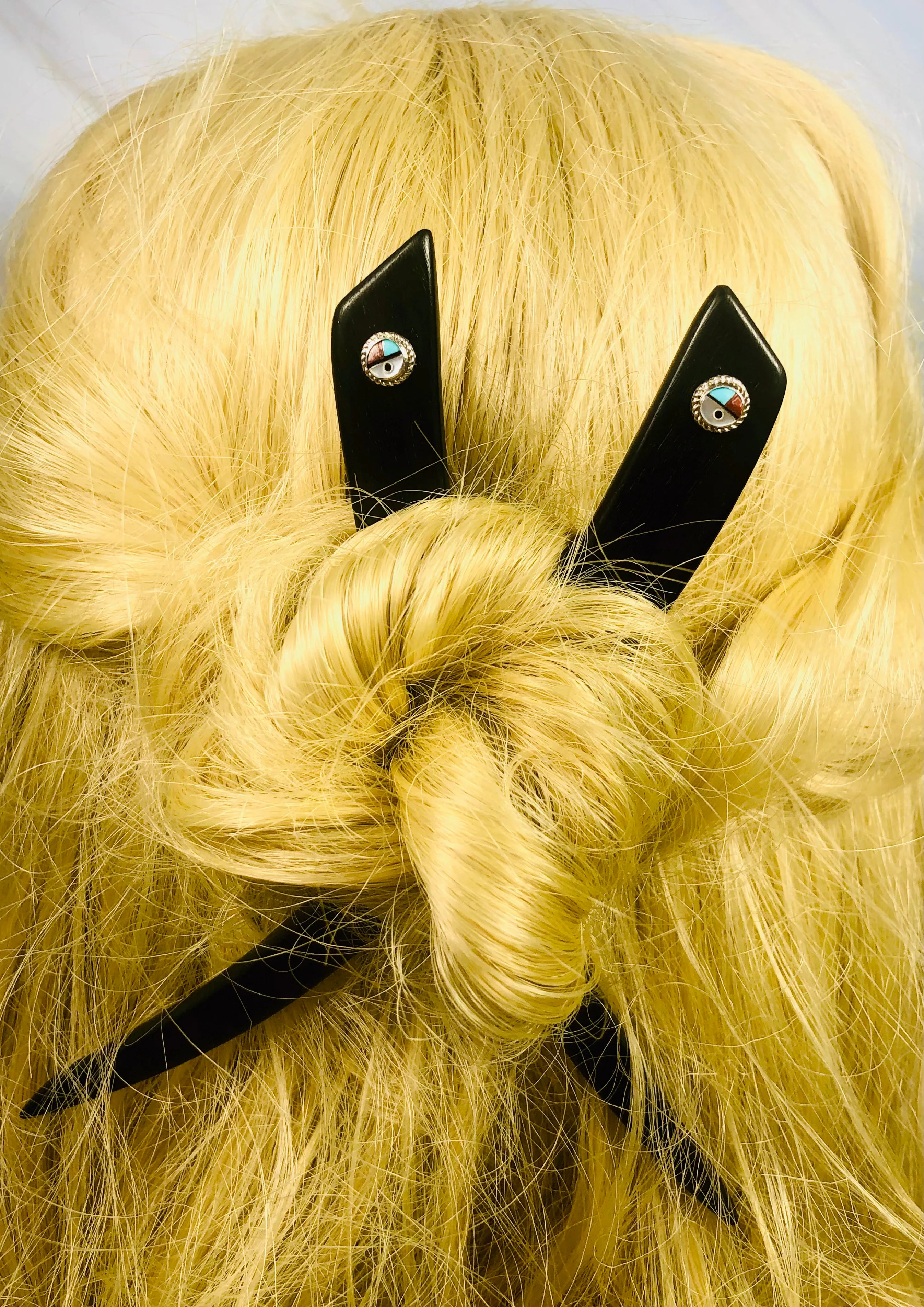 Ebony and Sunface Southwestern hair sticks, silver Sunface Turquoise luxury hair stick
