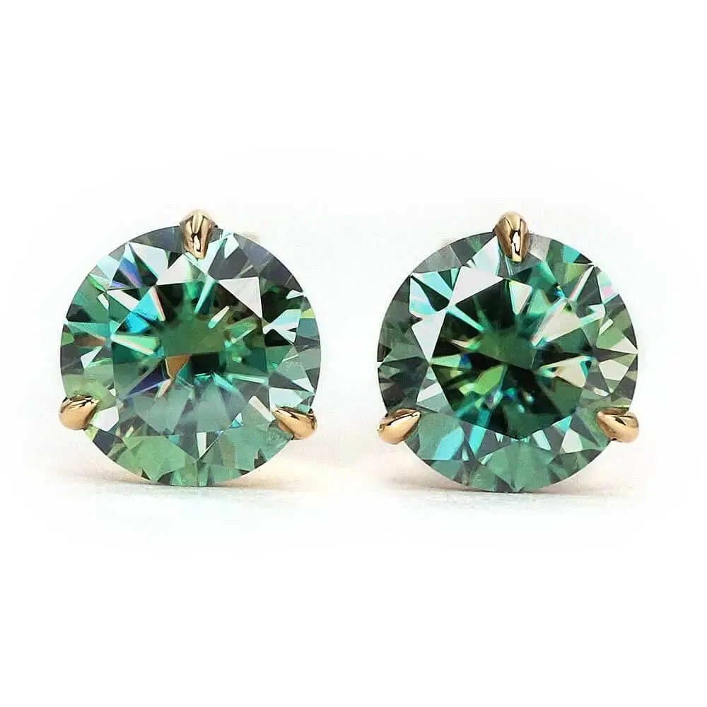 Green Moissanite Solitaire Earrings in 18K Solid Gold 3 Prong Martini Setting