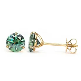 Green Moissanite Solitaire Earrings in 18K Solid Gold 3 Prong Martini Setting