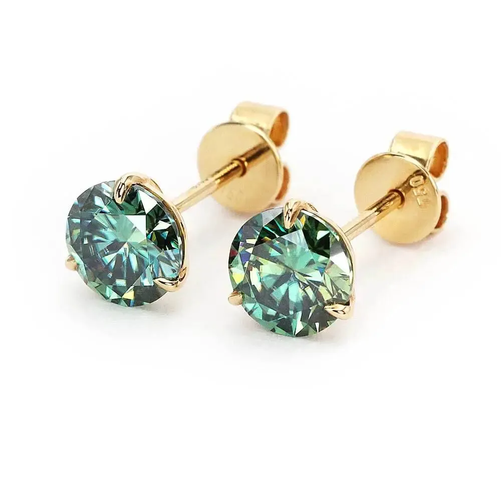 Green Moissanite Solitaire Earrings in 18K Solid Gold 3 Prong Martini Setting
