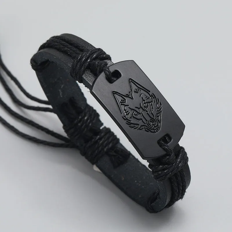 JEWELRY-Bracelet, represent unity and Strength,  multi-layer woven black leather wolf head engraving