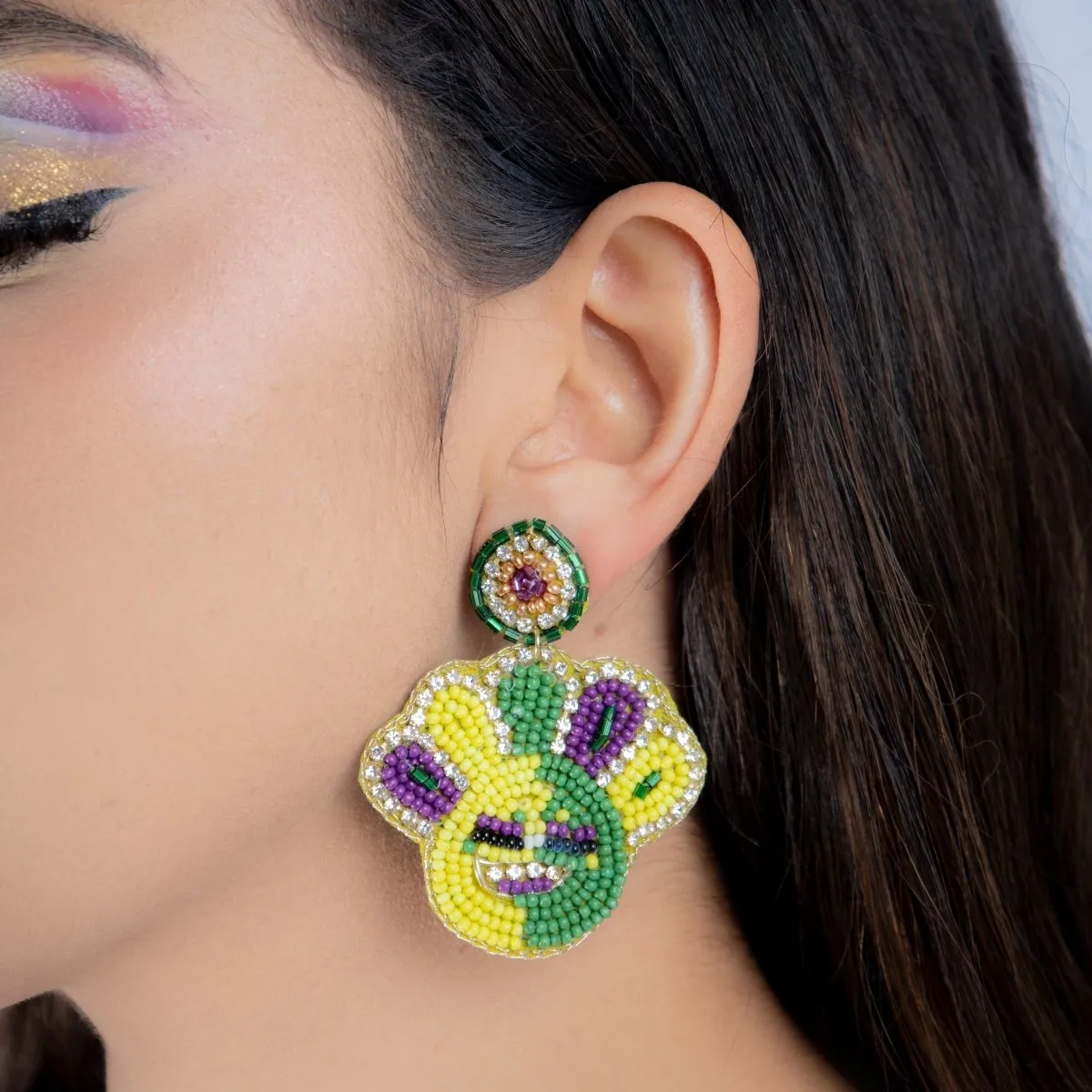 Mardi Gras Smiley Face Beaded Earrings with Rhinestones